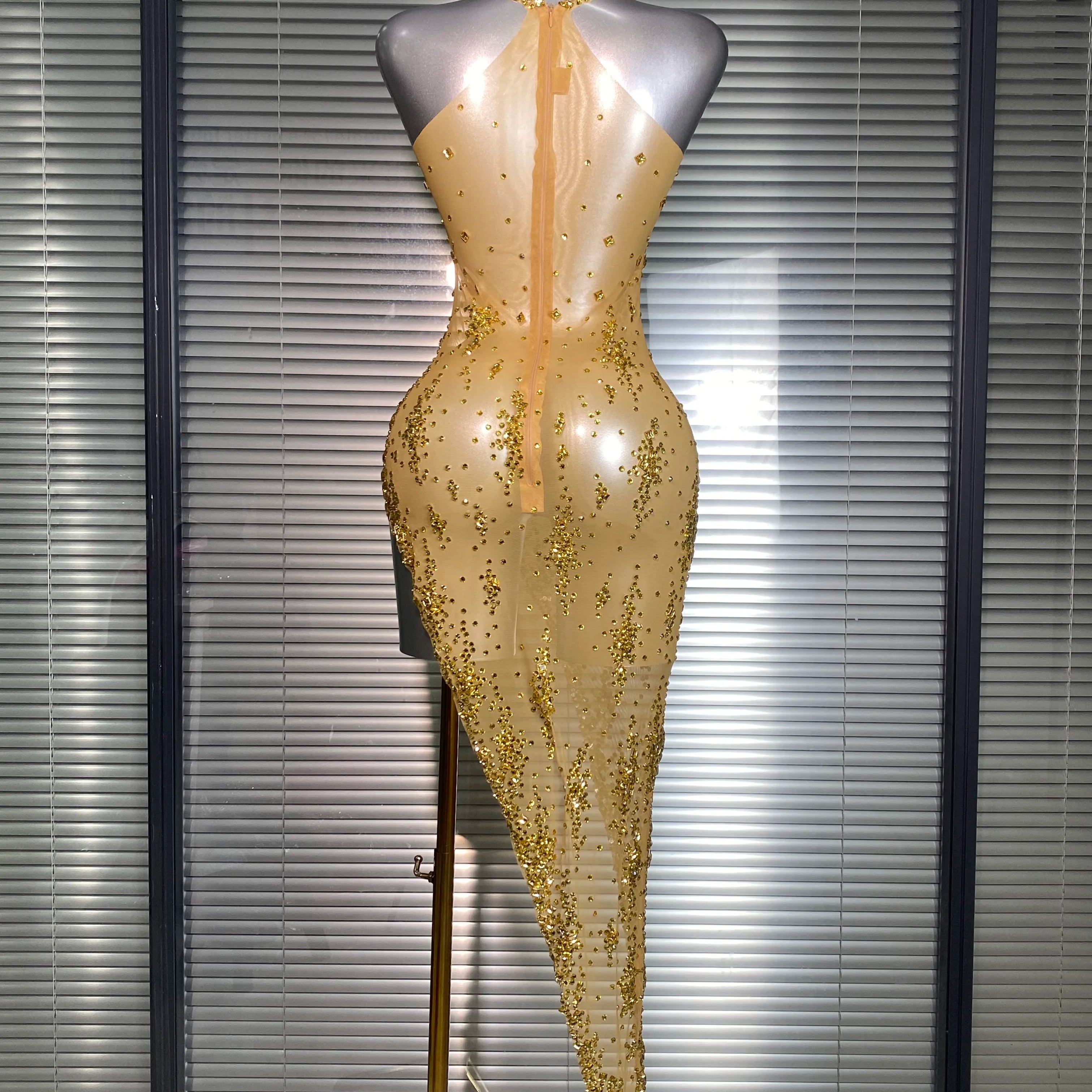 Women Sexy Mesh Crystal Diamonds Stretched Gold Shining Performance Costume Stage Dancer See Through Night Club Party Dress