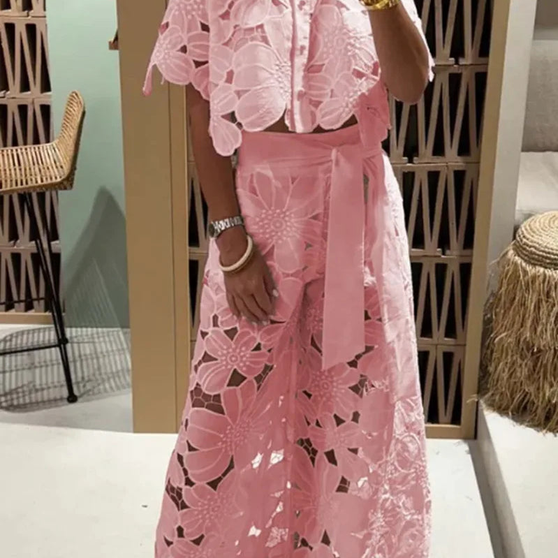 Sexy Lapel Single-breasted Shirt Top + Wide-leg Pants 2-piece Set Women Fashion Solid Color Elegant Casual Hollow Suit Female