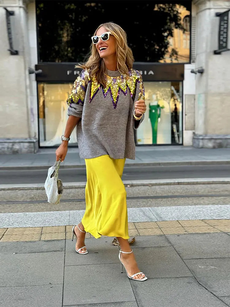 Women O-neck Long Sleeve Knitted Sweater Fashion Sequins Decor Loose Casual Pullovers Female Fall Winter Street Club Jumper