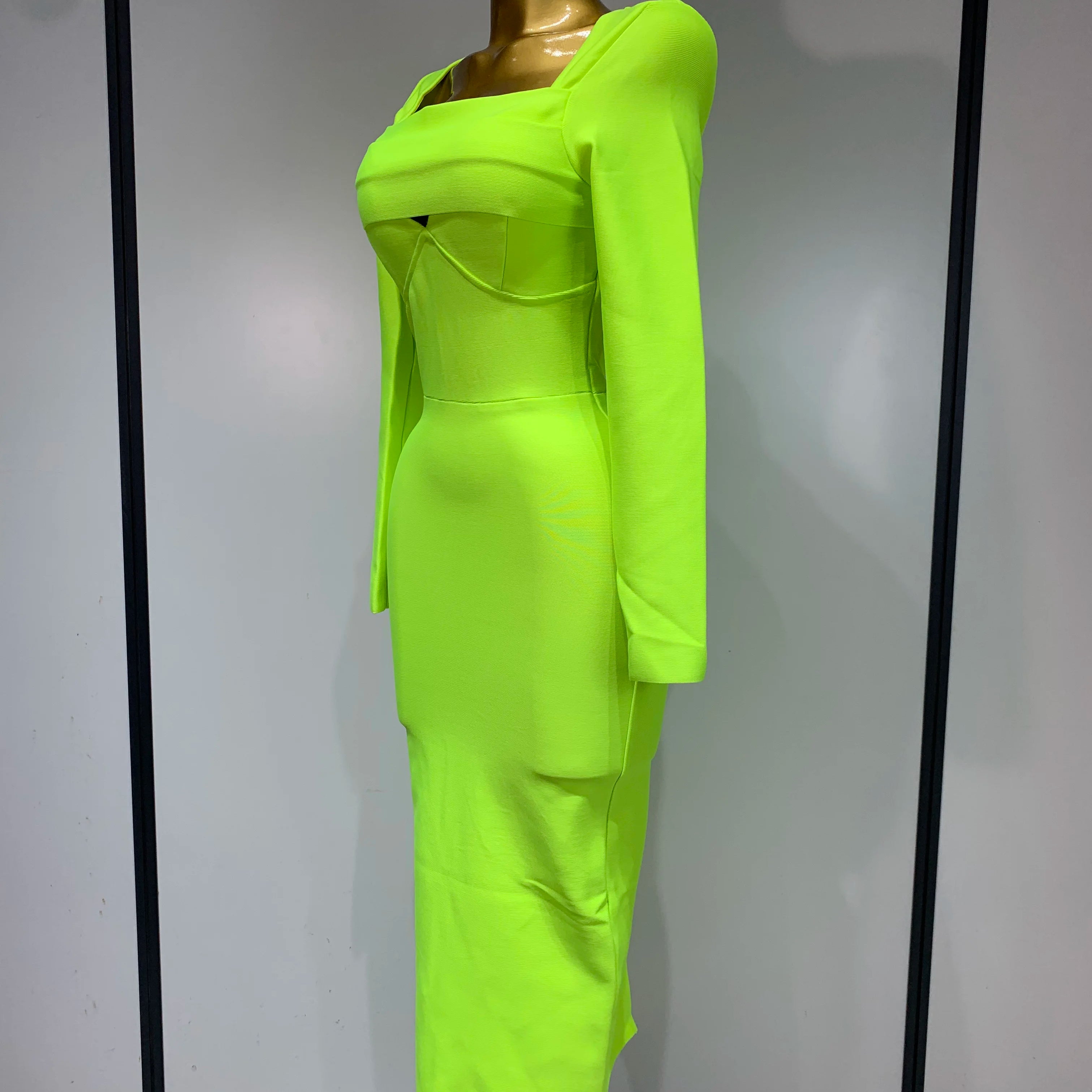 Women Sexy Long Sleeve Square Collar Fluorescent Green Midi Bodycon Bandage Dress 2025 Elegant Evening Birthday Party Dresses