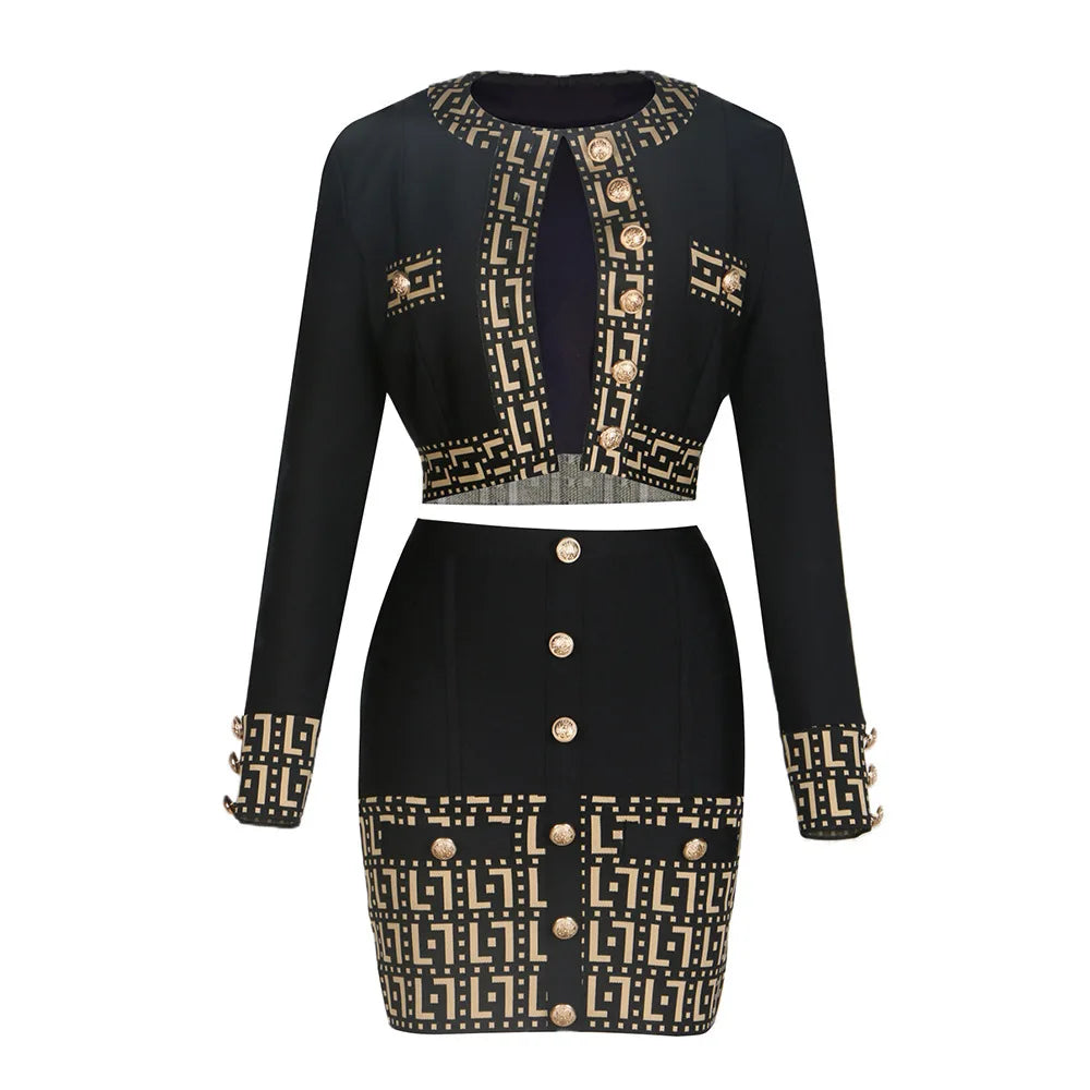 STOCK New Autumn Starfish Woman Banage Set Golden Buttons Short Coat And Mini Skirt 2 Pieces Fashion Woman High Street Wear