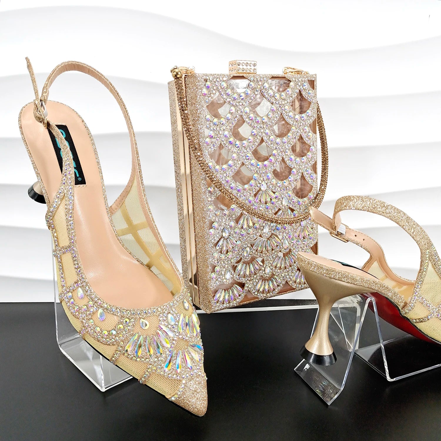 Hollowed Out Shoe Bag Design With Shiny Rhinestone Decoration Wedding Party Sandals High Heels GOLD