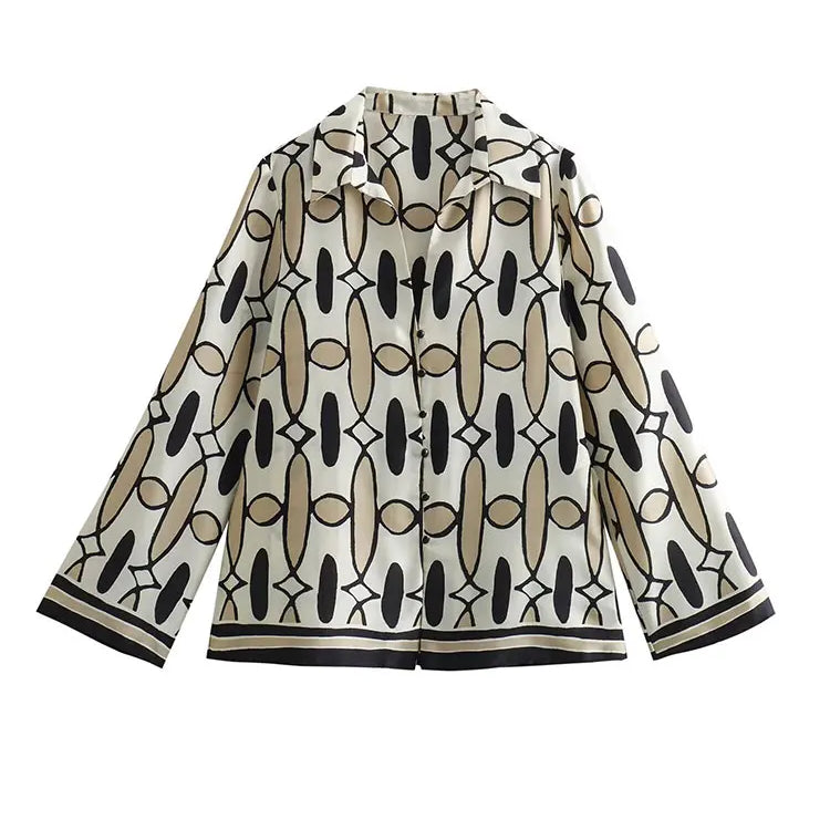 Fashion Print Sequin Shirt 2 Piece Sets For Women Loose Lapel Long Sleeves Top Wide Leg Pants Suits Lady Elegant Outfits Shirt 2