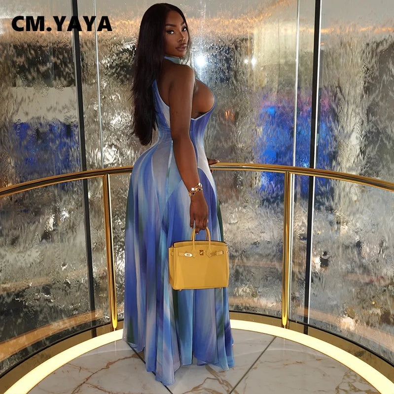 CM.YAYA Women Gradient Print O-Neck Sleeveless Bodycon Long Dress 2025 Summer Holiday Birthday Evening Beach Sexy Party Dresses