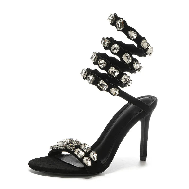 Luxury Crystal Embellished Wraparound Women Sandals Stiletto High heels Gladiator Sandals Summer Wedding Prom Shoes Black