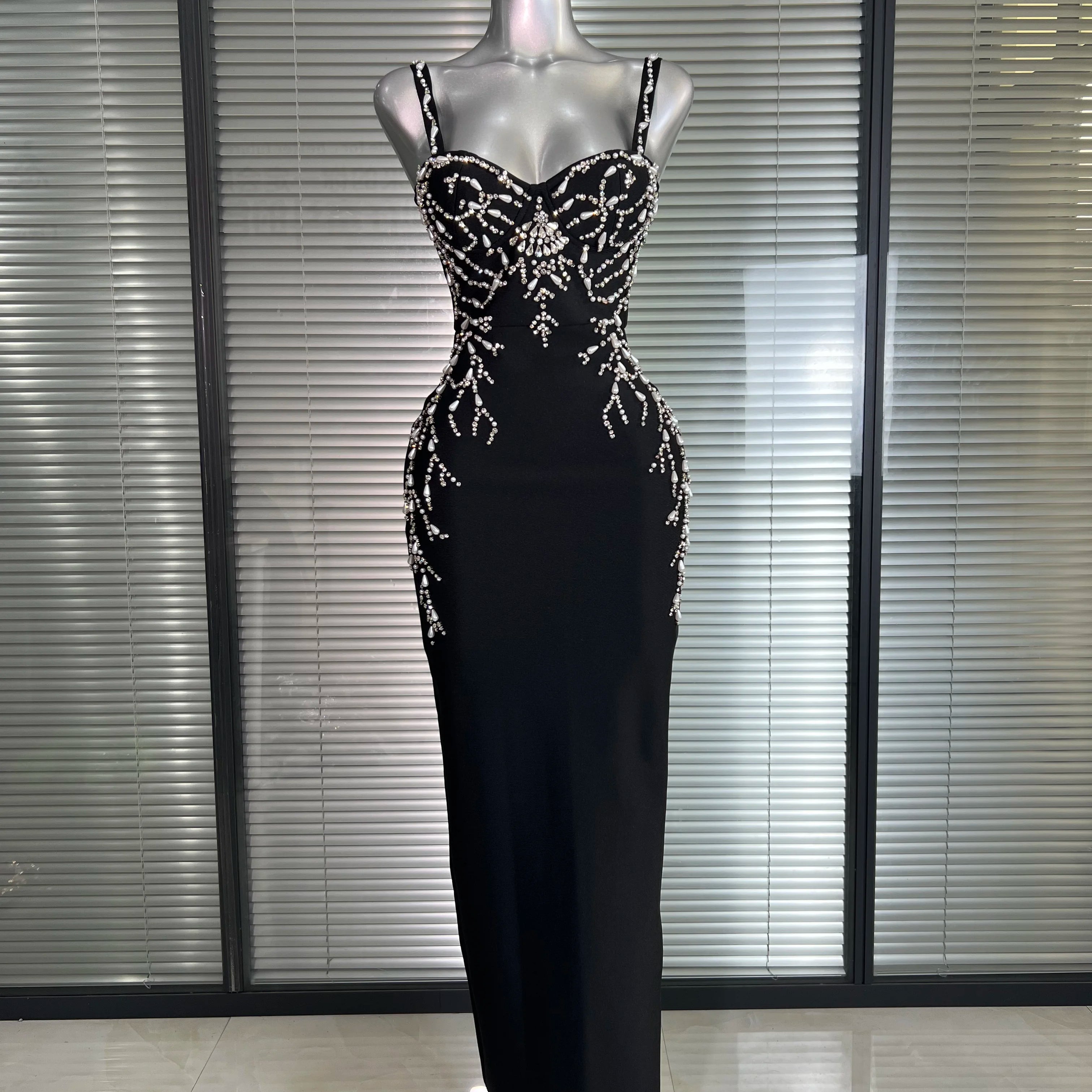 Summer New 2025 Women Black Long Bodycon Bandage Dress Crystal Evening Party Dress Vestido