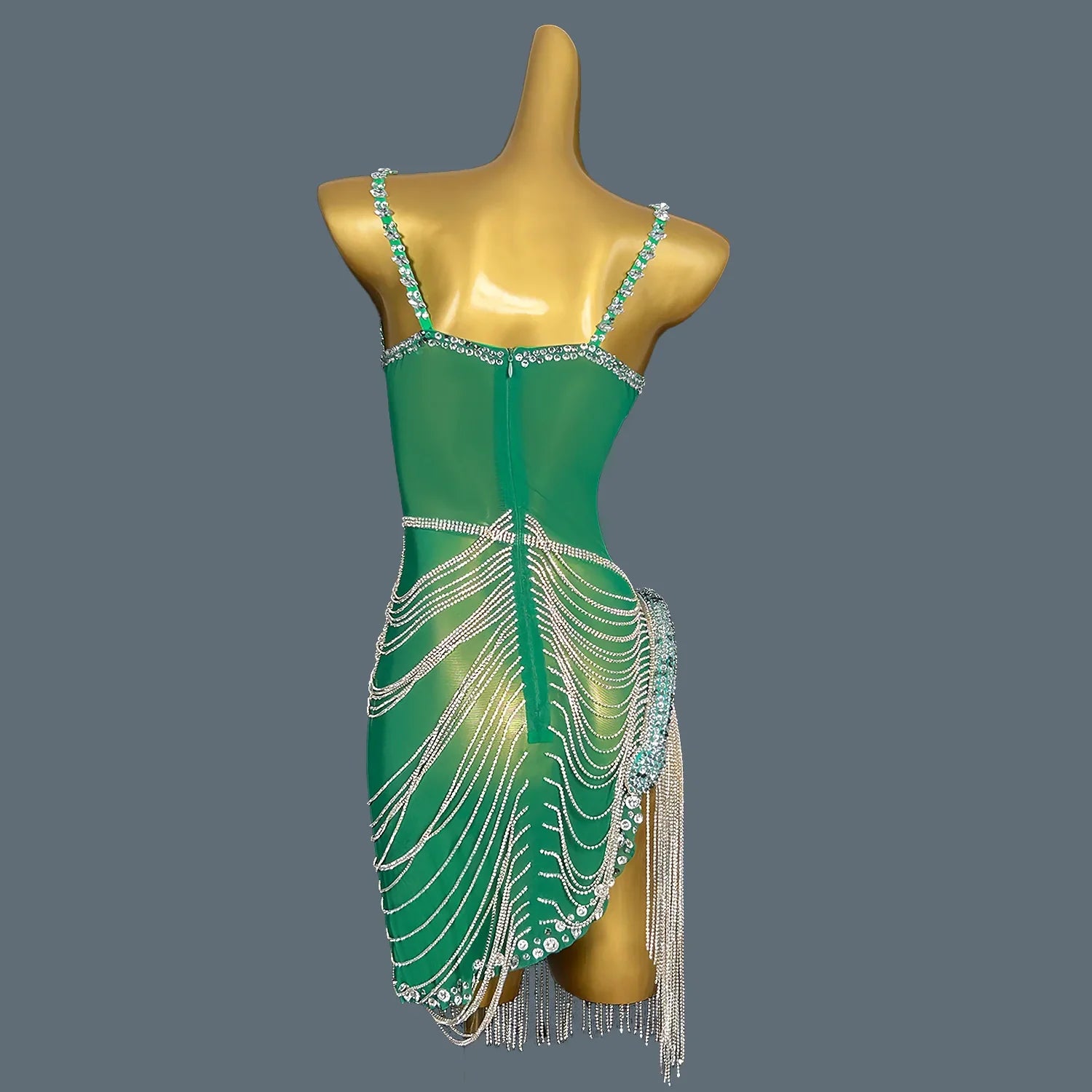 Women Green Crystal Chain Diamonds Dress Elastic Sexy Mini Night Club Performance Costume Birthday Party Dress Tassel Liehu