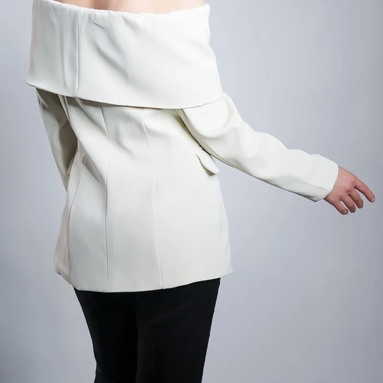 TWOTWINSTYLE Solid Temperament Blazers For Women Slash Neck Long Sleeve Patchwork Pocket Minimalist Slim Blazer Female Fashion