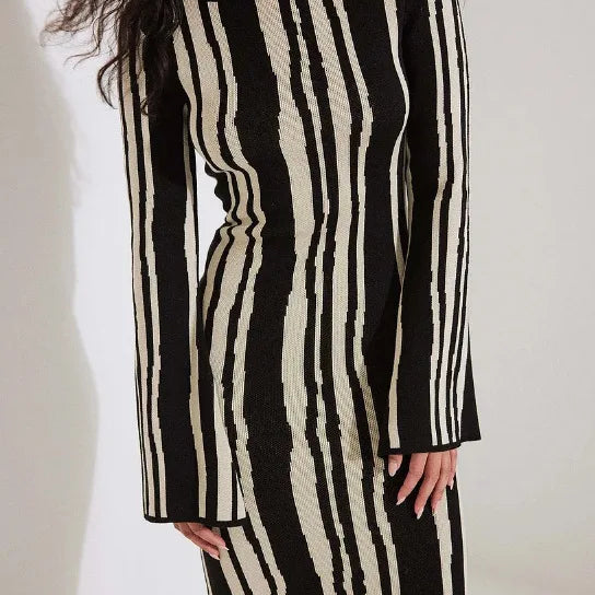 Striped Knitted O-neck Long Sleeve Midi Dresses Elegant Women Bodycon A-line Vestidos Female Fashion Casual Street Maxi Clothes CYC1327-HQ