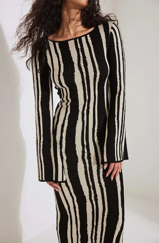 Striped Knitted O-neck Long Sleeve Midi Dresses Elegant Women Bodycon A-line Vestidos Female Fashion Casual Street Maxi Clothes CYC1327-HQ