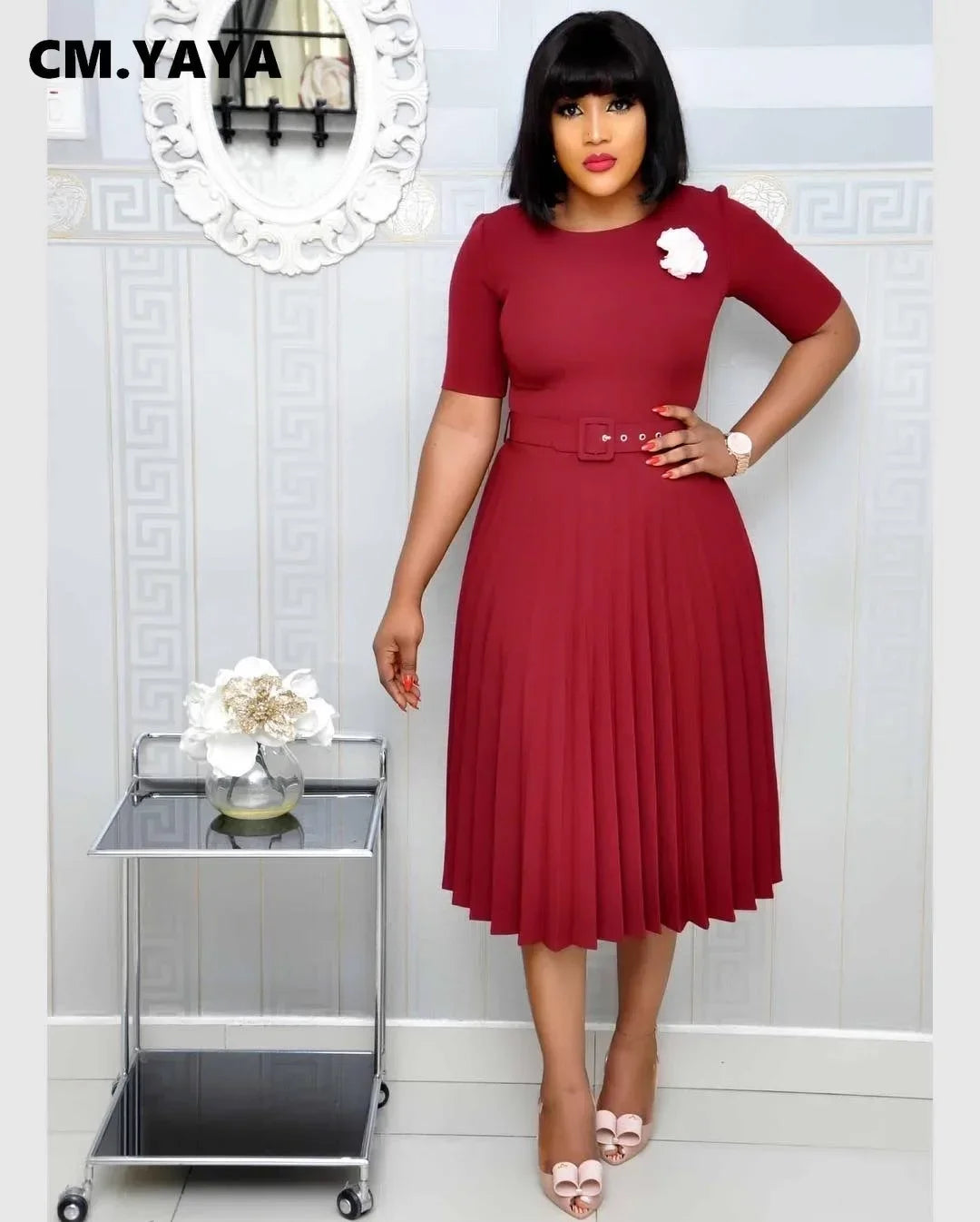 CM.YAYA Summer Midi Pleated Dress Short Sleeve Office Lady Africa Sashes Women High Waist Elegant Dresses Vestidos