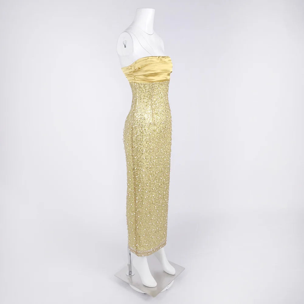 TWOTWINSTYLE Solid Slimming Spliced Sequin Elegant Dresses for Women Strapless Sleeveless Patchwork Bead Dress Female Clothing