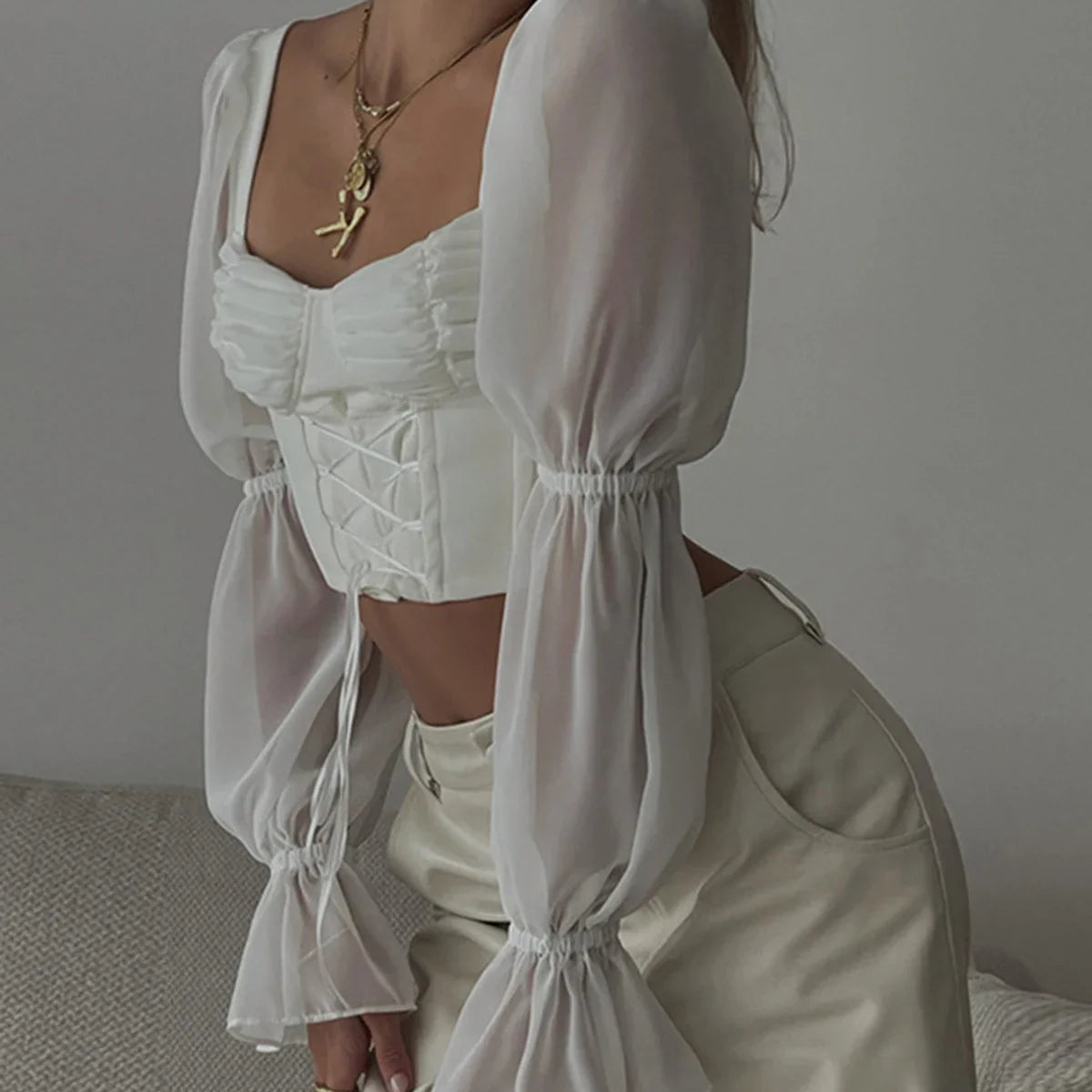 Spring Summer New Women Street Trendy Square Neck Mesh Patchwork Long Sleeved Slim Fit Cropped T-shirt Exposed Navel Top WHITE