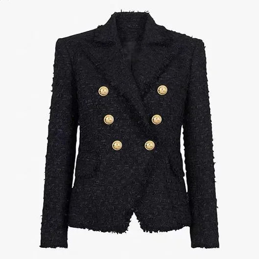 Fashionable and elegant tweed women's suit jacket with tassel edge gold buttons, high-quality design - black and white Negro