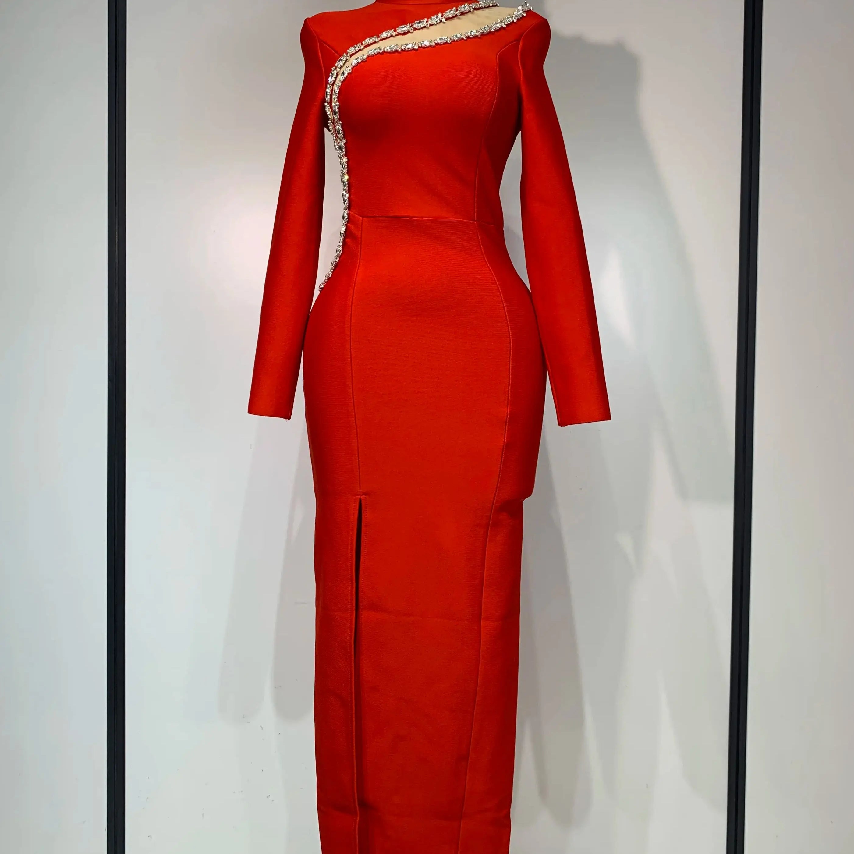 Sparkly Rhinestone Long Sleeve Red Bodycon Bandage Dress Women Wedding Evening Club Party Prom Gowns Luxury Birthday Dresses