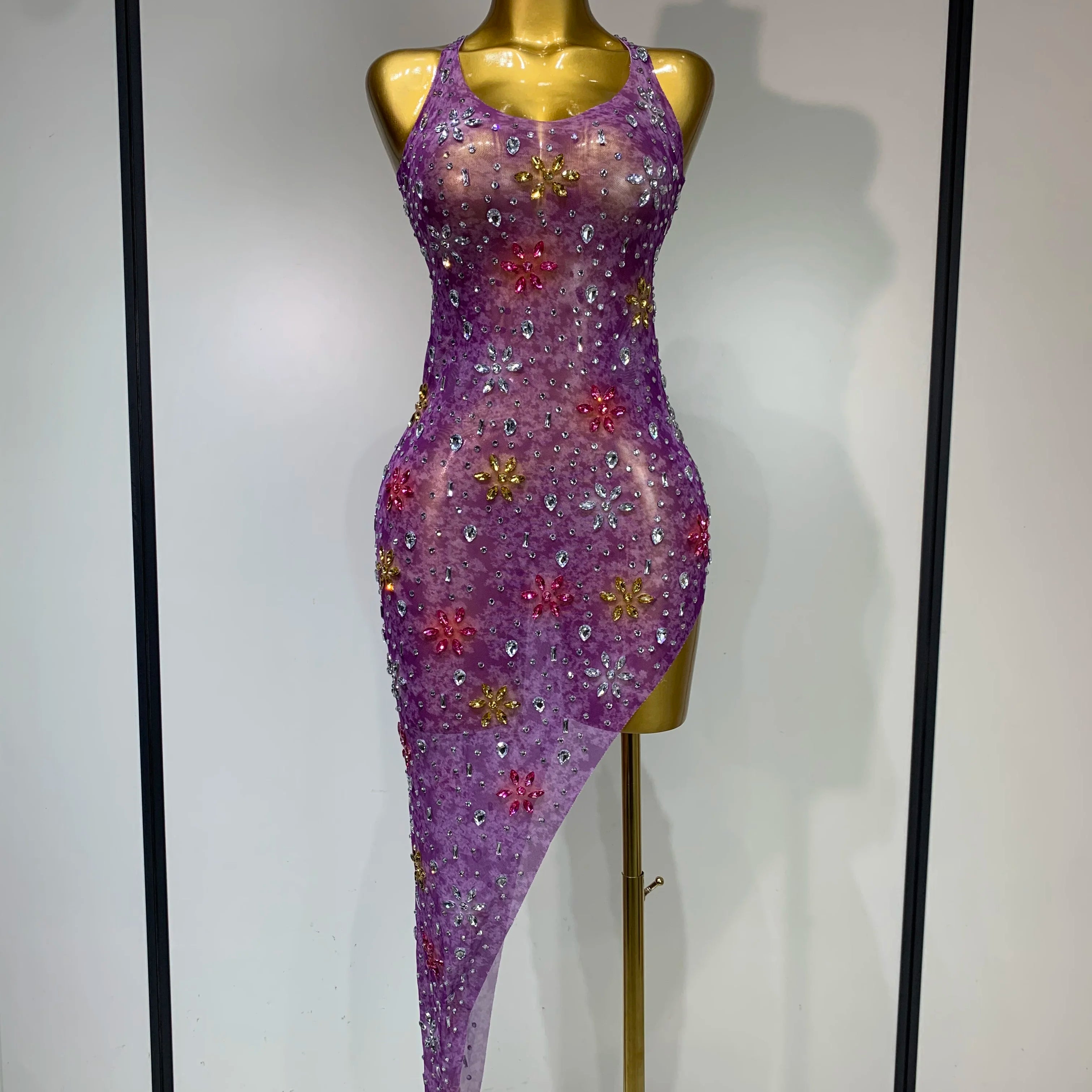 Women Sexy Mesh See Through Stretchy Sparkly Rhinestone Performance Costume Stage Dancer Nightclub Party Luxury Birthday Dress