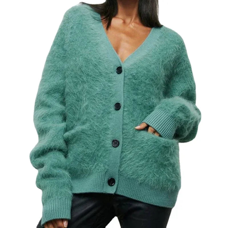 Casual Long Sleeve V-Neck Cardigan Women Autumn Winter Buttons-up Solid Coat Female Imitation Mink Sweater 23123-green One Size