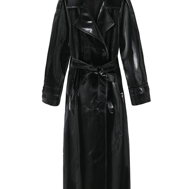Spring Autumn Long Shiny Reflective Patent Leather Trench Coat for Women Sashes Luxury Designer Runway European Fashion