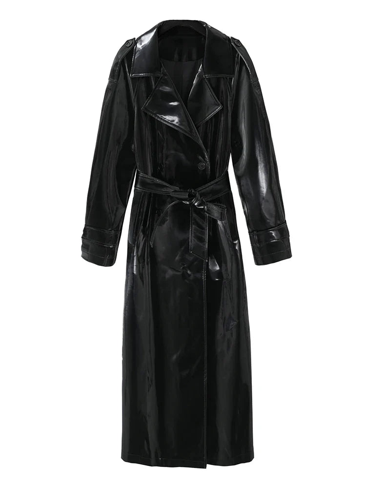 Spring Autumn Long Shiny Reflective Patent Leather Trench Coat for Women Sashes Luxury Designer Runway European Fashion