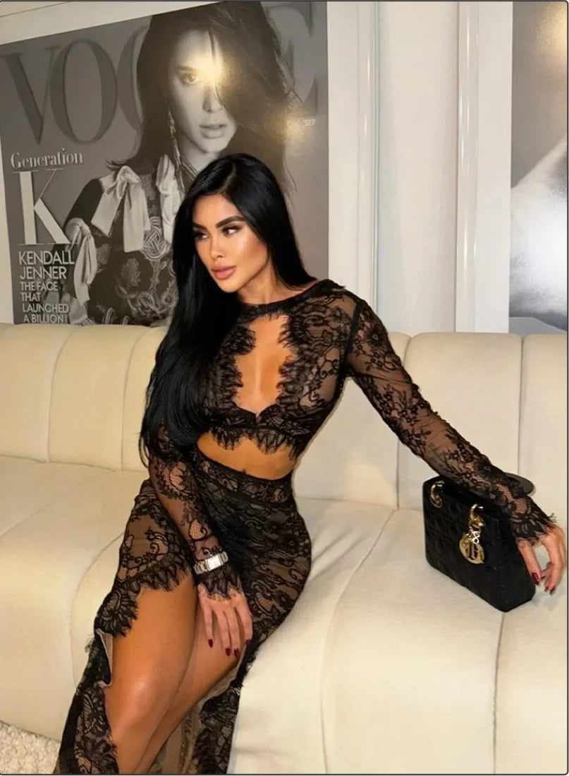 High Quality Women Long Sleeve Sexy Lace Fashion Keyhole Bodycon Long Maxi Dress Celebrate Nightclub Party Birthday Outfit