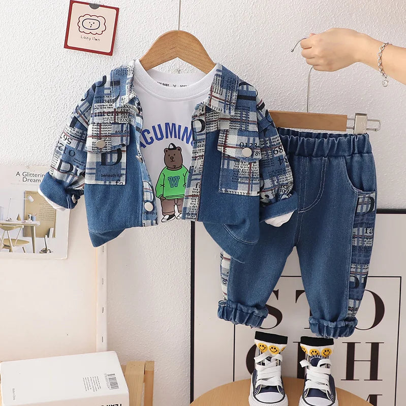 Baby Boy Cotton Clothes Spring Autumn Fashion Cowboy Trousers+Long Sleeve+Coat 3Piece Leisure Sports Stars Denim Clothes Suit AL07 Blue