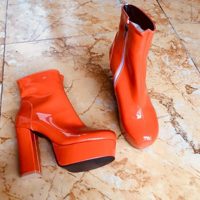 SIMLOVEYO 2022 Ladies Ankle Boots Round Toe Platforms Color Chunky Heel US12 Yellow Purple Orange A4367