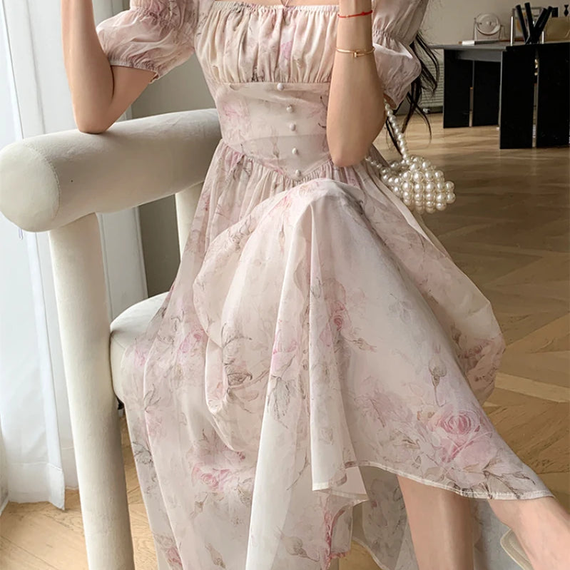 Summer Fashion French Retro A-Line Fairy Party Dress Female Floral Square Neck Lantern Sleeves High Waist Pleated Vest Dresses