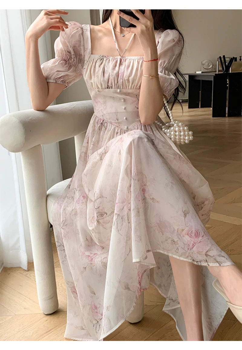 Summer Fashion French Retro A-Line Fairy Party Dress Female Floral Square Neck Lantern Sleeves High Waist Pleated Vest Dresses