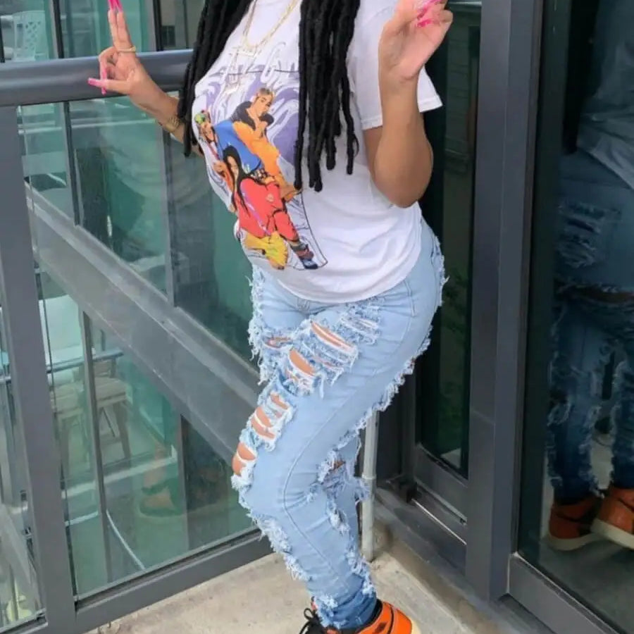 Plus Size Women Autumn Winter Skinny High Waist Street Hipsters Ripped Baby Blue Stretchy Denim Jeans