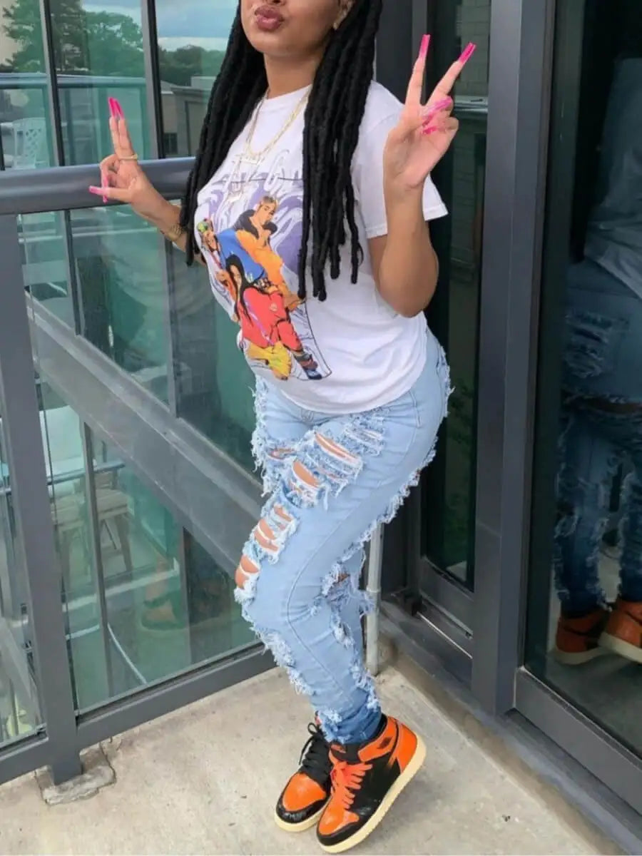 Plus Size Women Autumn Winter Skinny High Waist Street Hipsters Ripped Baby Blue Stretchy Denim Jeans