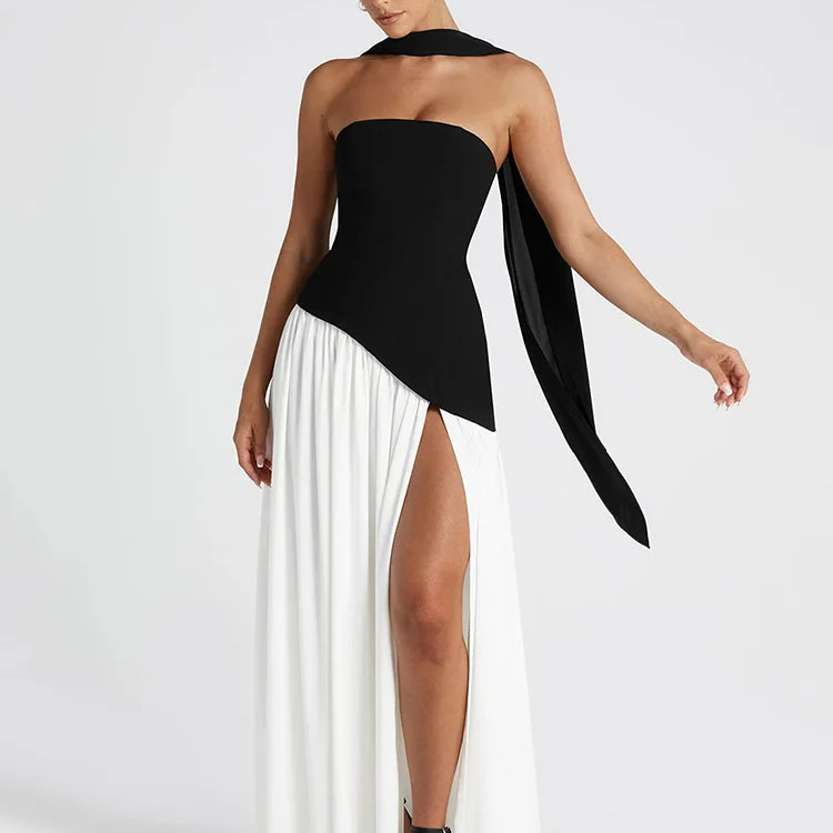 Strapless Off-shoulder Sexy Maxi Dress For Women Gown Patchwork Scarf Collar Thigh High Split Club Party Long Dress