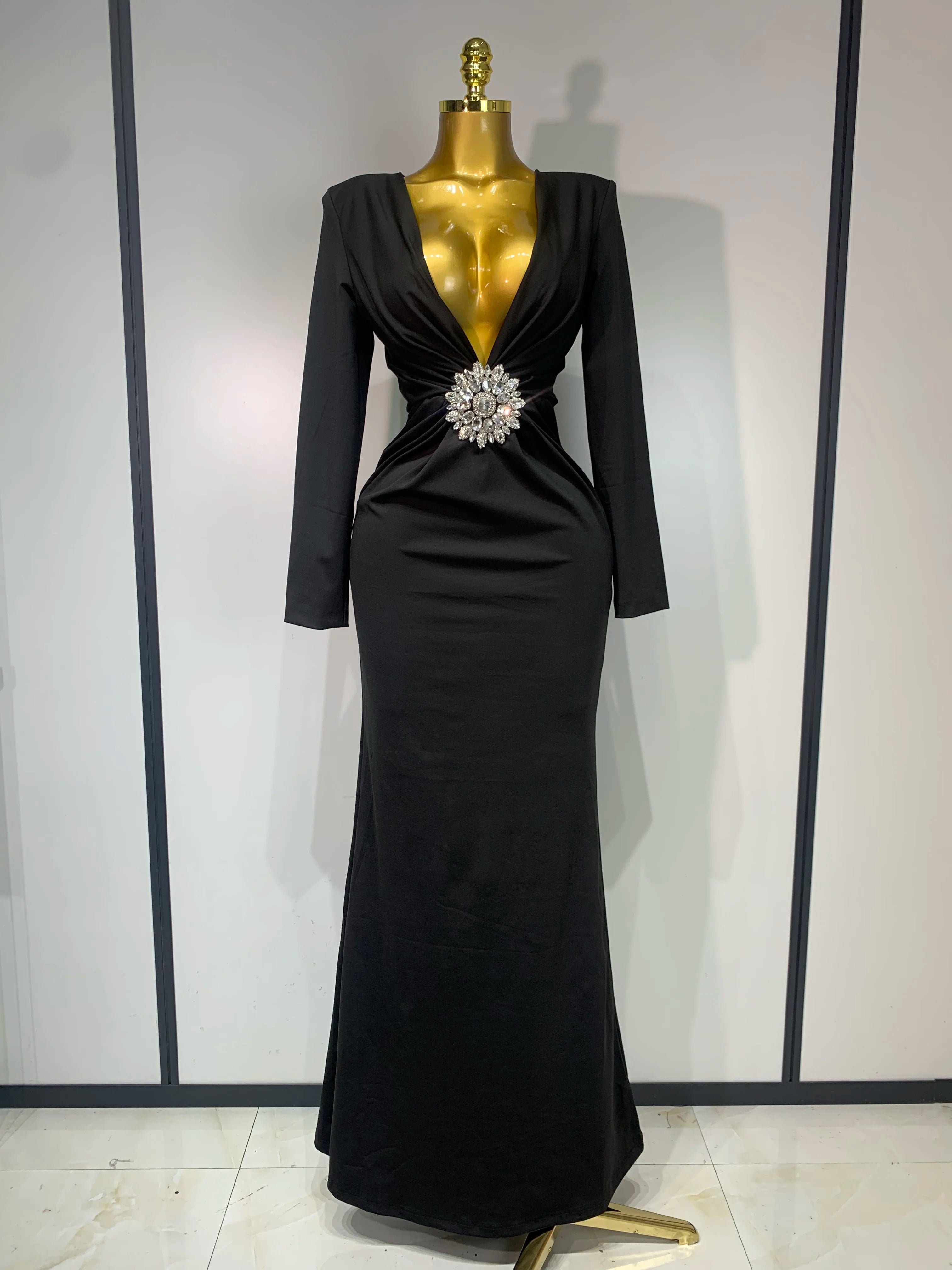 Vestido longo justo com diamante preto, feminino, sexy, decote em V profundo, mangas compridas, para festa de passarela, 2025, elegante, vestido de festa à noite