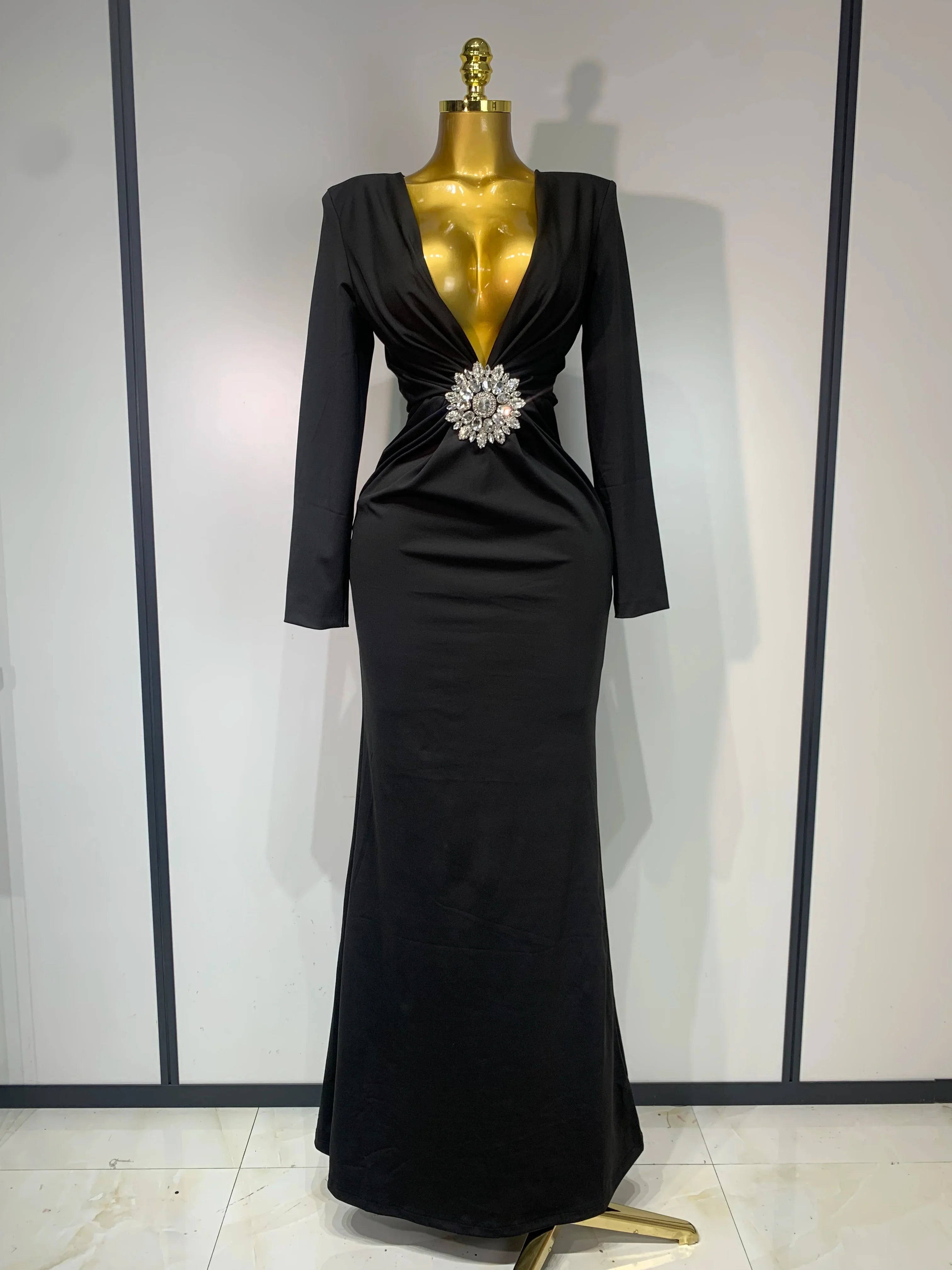 Women Sexy Deep V Neck Long Sleeves Maxi Dresses Celebrity Elegant Evening Party Luxury Birthday Wedding Guest Cocktail Gowns