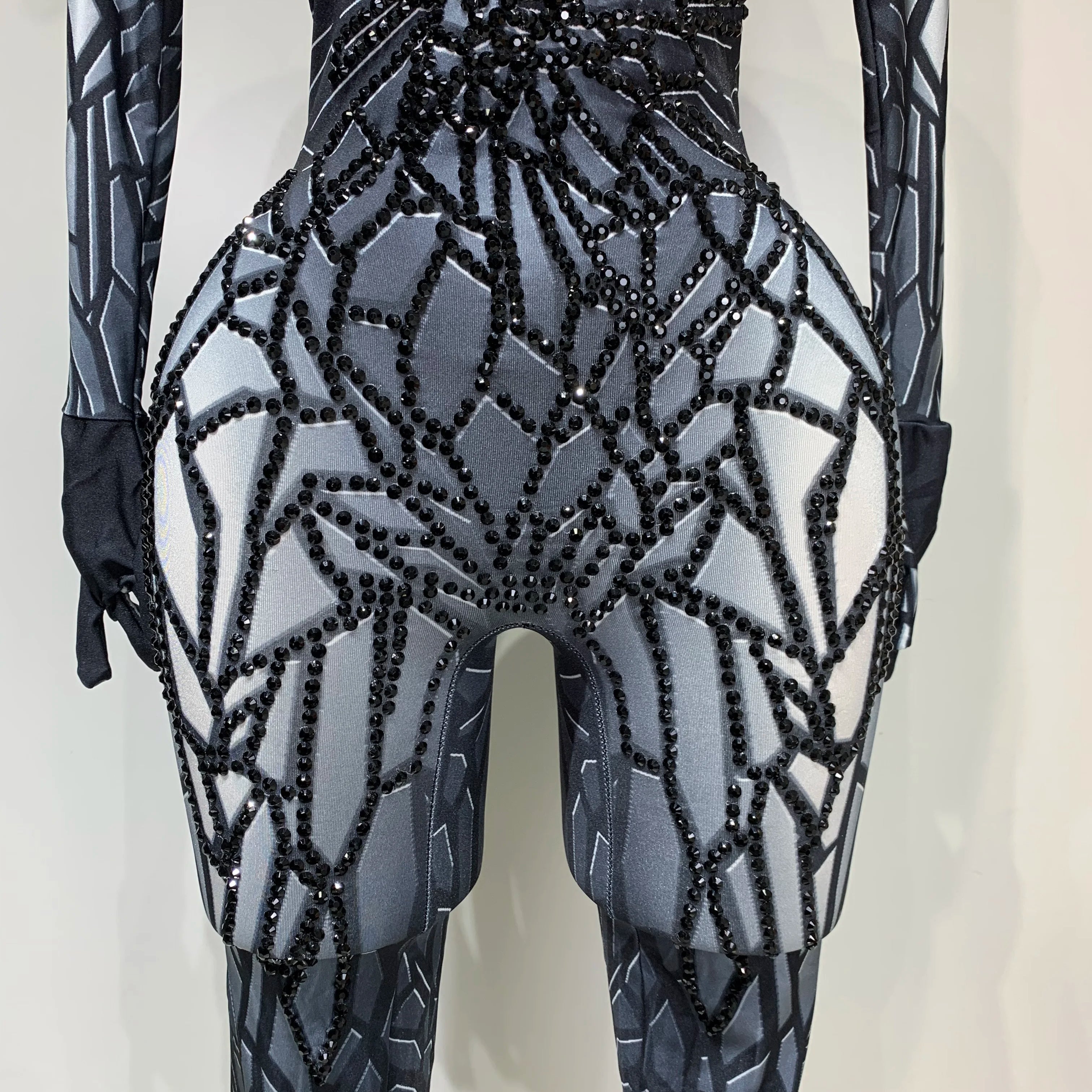 Women Sexy Black Rhinestone Stretch Bodycon Jumpsuit Club Evening Party Birthday Wear Singer Dancer Stage Perform Costume