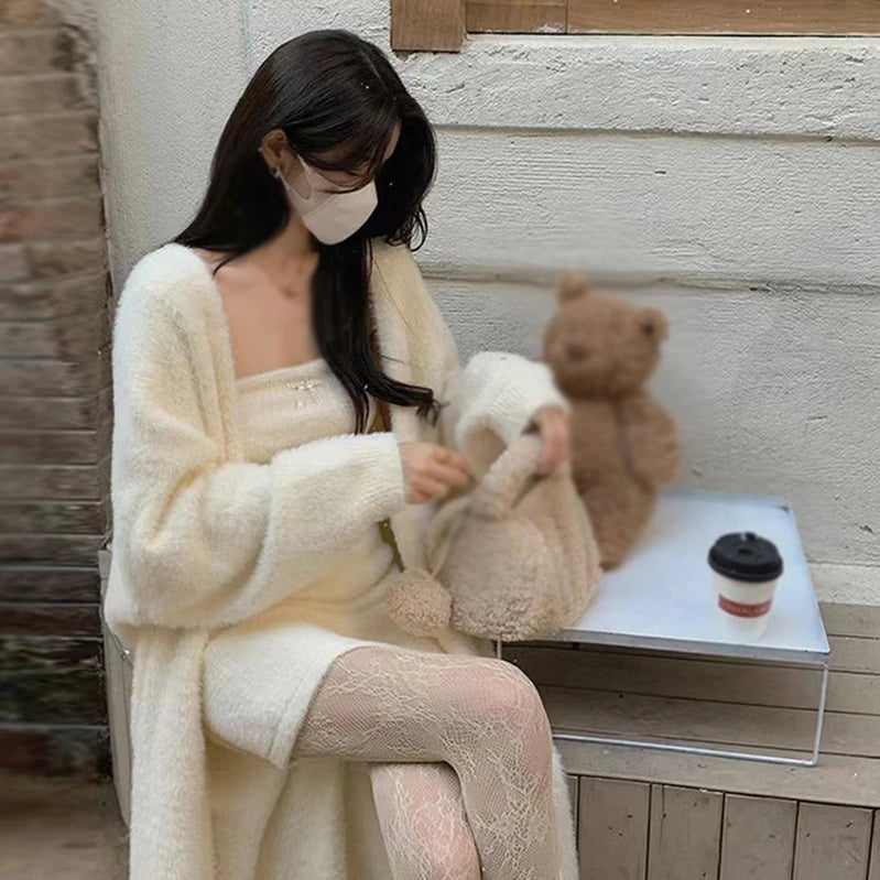 Women Sweater Cardigans Winter Knitted Jackets Warm Thickened Fleece Solid Color Knitted Coat Female Soft Long Sweater Cardigan