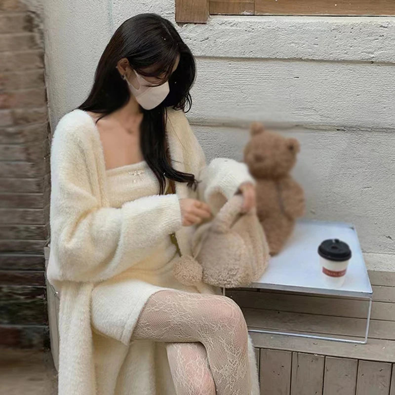 Women Sweater Cardigans Winter Knitted Jackets Warm Thickened Fleece Solid Color Knitted Coat Female Soft Long Sweater Cardigan