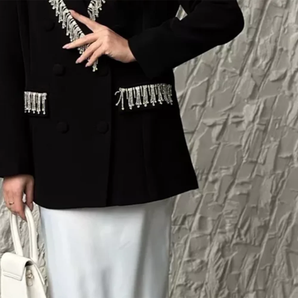 TWOTWINSTYLE Solid Spliced Tassels Elegant Jackets for Women Lapel Long Sleeve Patchwork Double Breasted Blazer Demale Clothing