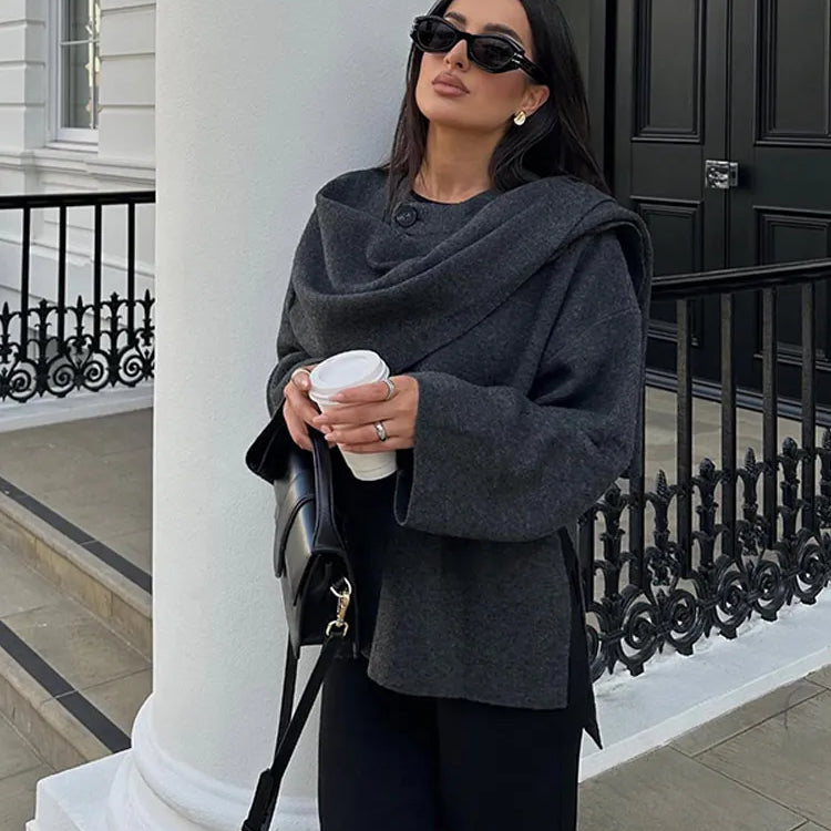 New Fashion Scarf Collar Woolen Jackets For Women Elegant Long Sleeved Side Split Casual Coats Female Chic Autumn Overcoats