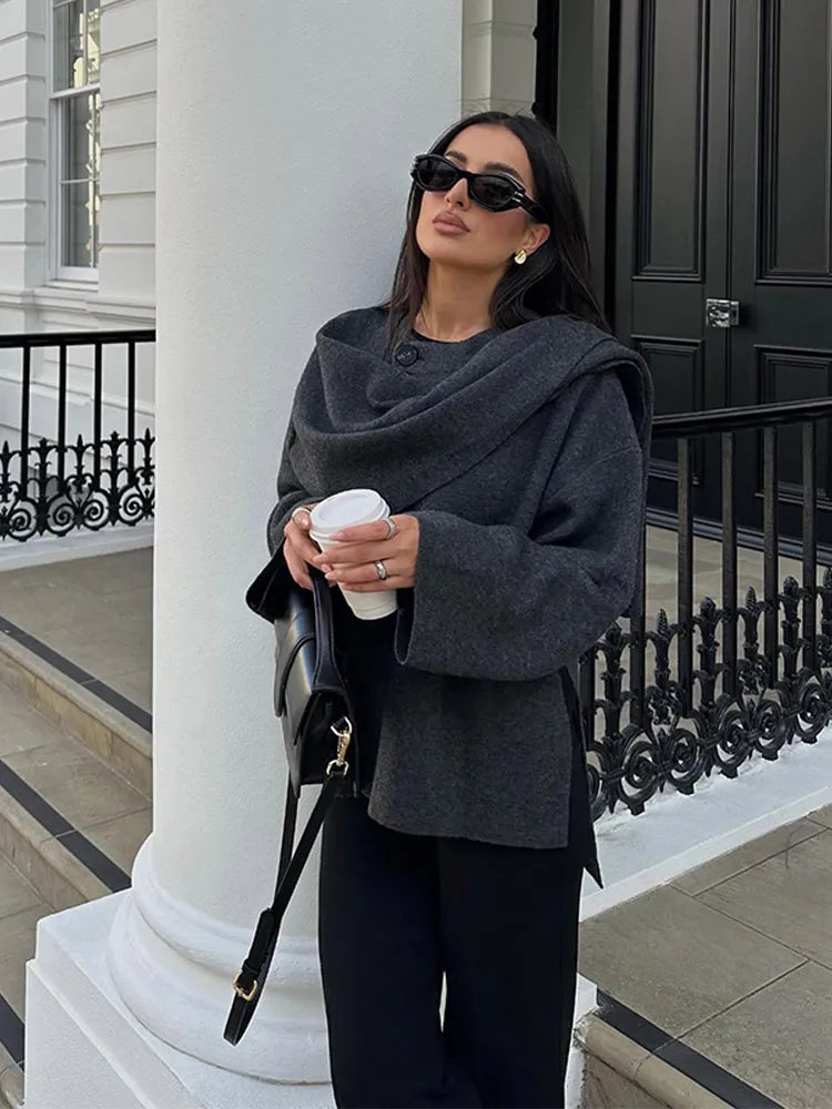 New Fashion Scarf Collar Woolen Jackets For Women Elegant Long Sleeved Side Split Casual Coats Female Chic Autumn Overcoats