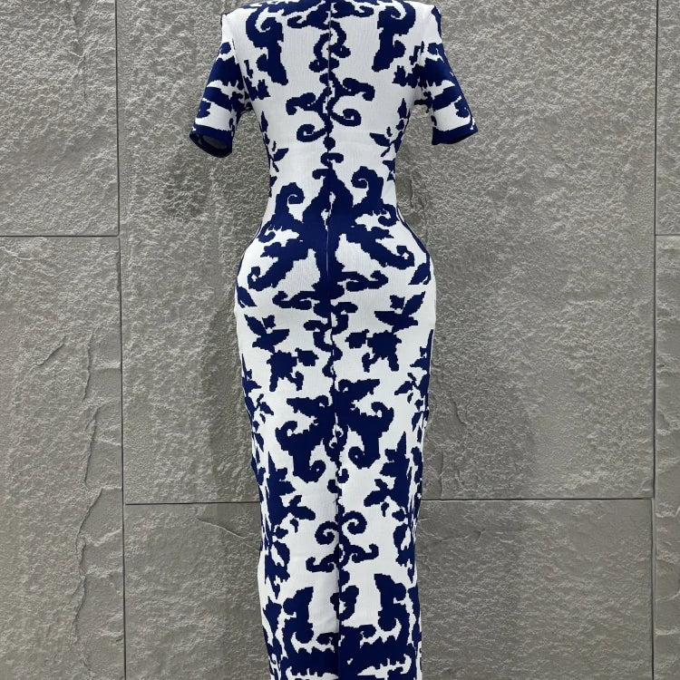 Top Quality Women Short Sleeve Sexy Blue Jacquard Bodycon Long Bandage Dress Elegant Evening Party Occation Office Wear