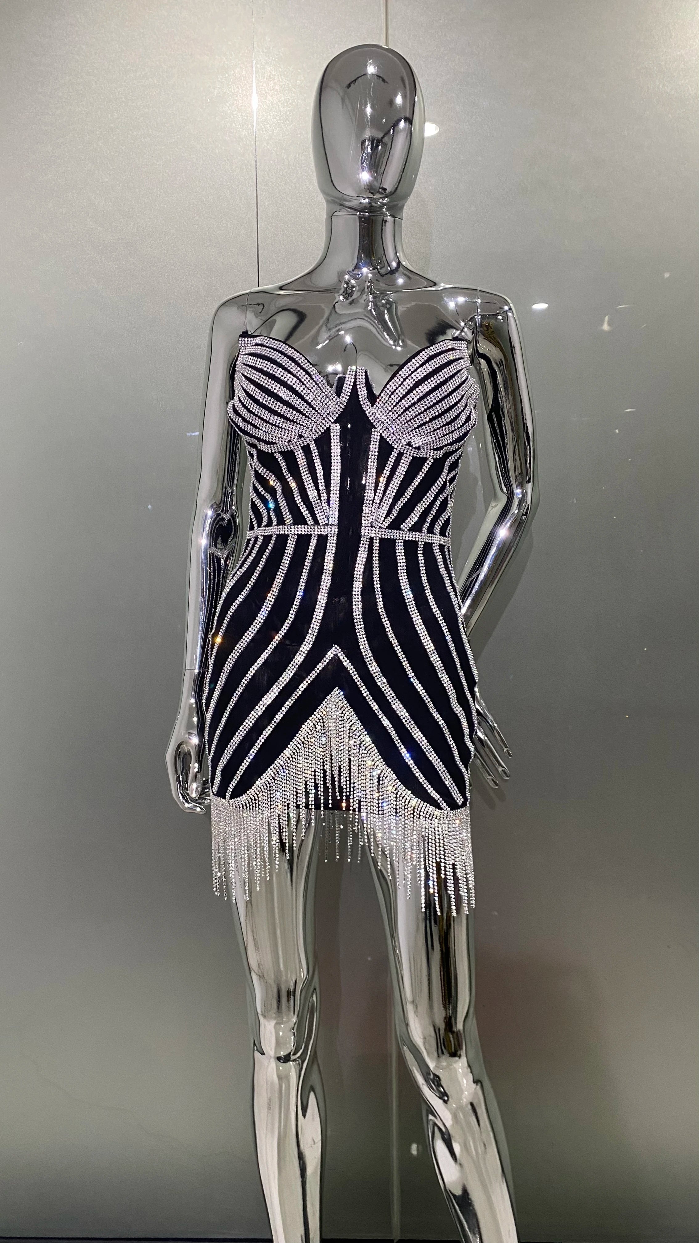 Luxury Shining Diamonds Tassel Strapless Mini Dress Celebrity Birthday Party Evening Dress Stage Performance Costume