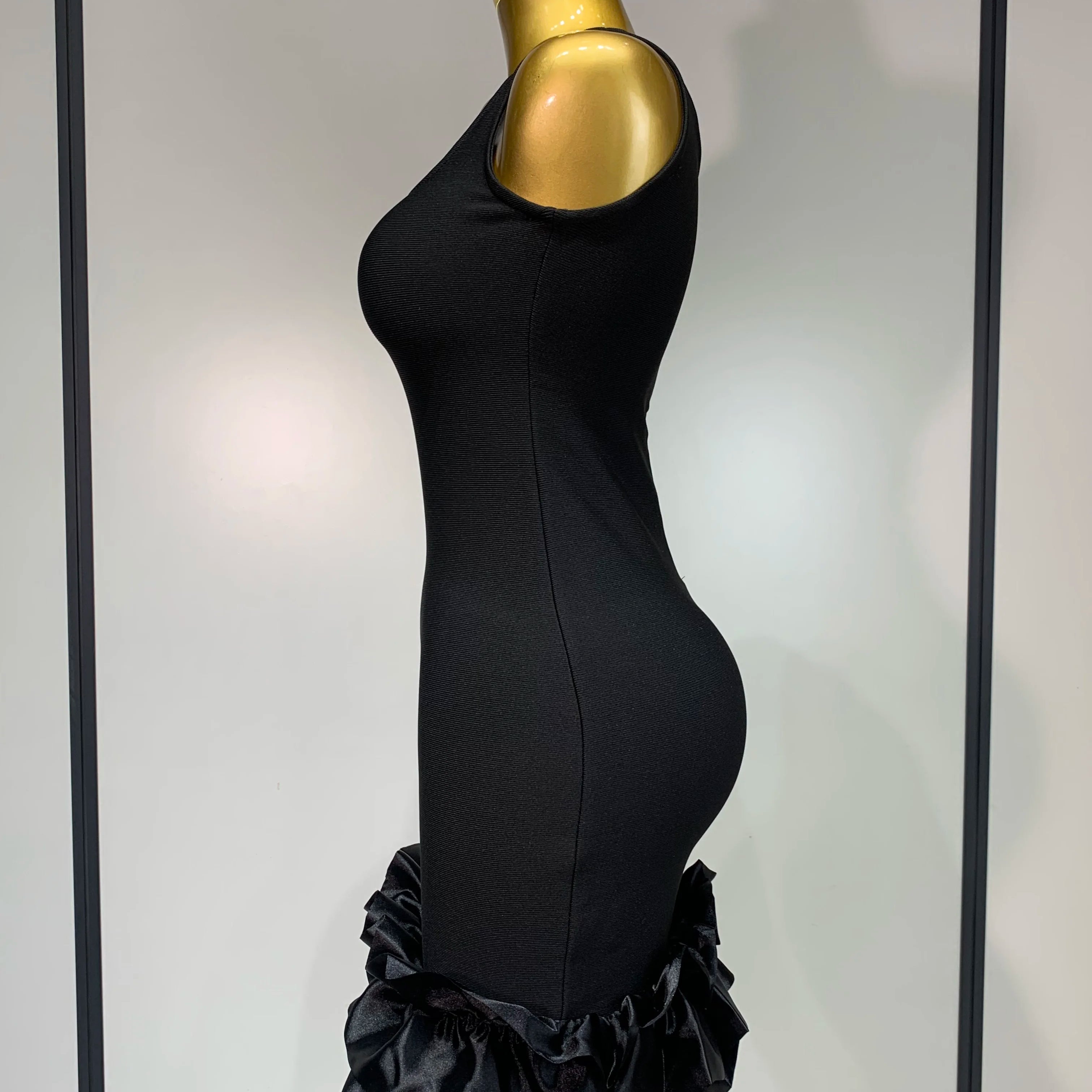 Women Spaghetti Strap Bodycon Short Dress Black Pleated Ruffle Hem Sleeveless Evening Party Cocktail Elegant Birthday Dresses