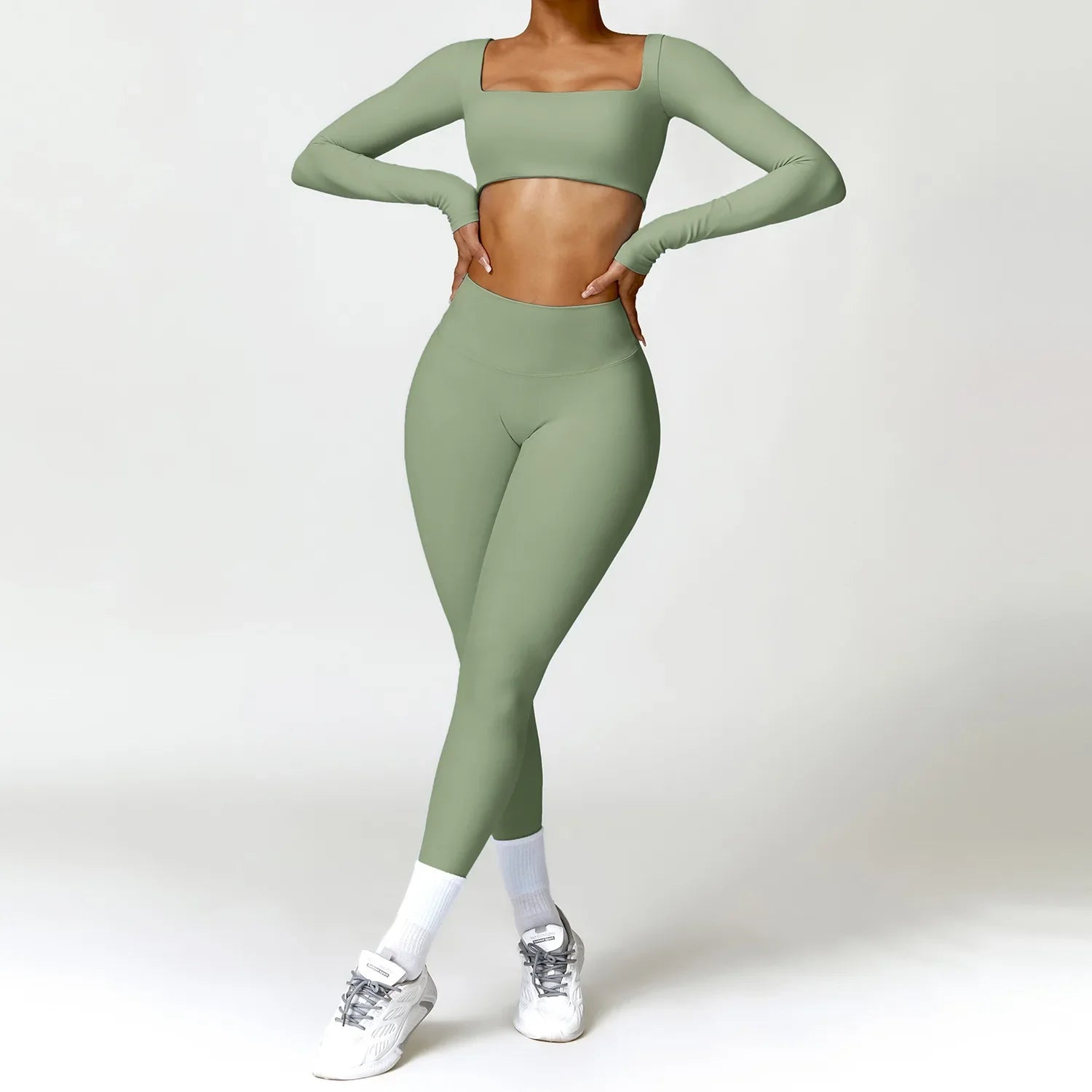 Women Tracksuit Yoga Set 2PCS Sportswear Workout Clothes Athletic Wear Gym Legging Fitness Bra Crop Top Long Sleeve Sports Suits Green Set-4 CHINA
