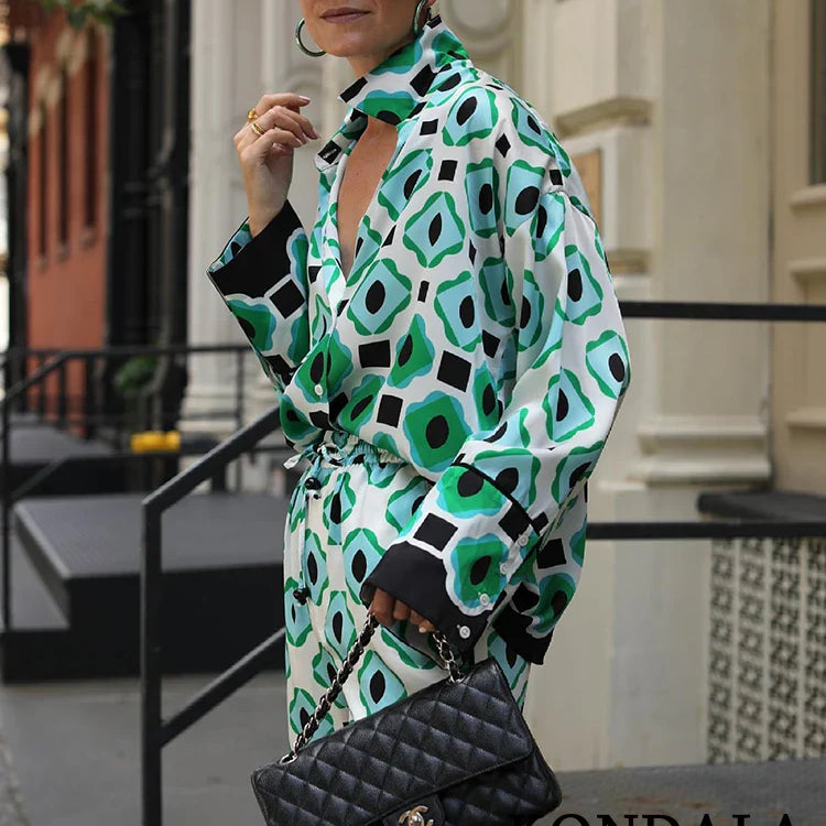 KONDALA Geometric Print Vintage Women Suits Autumn Fashion Oversized Long Shirts and High Waist Wide Leg Pants Women Set