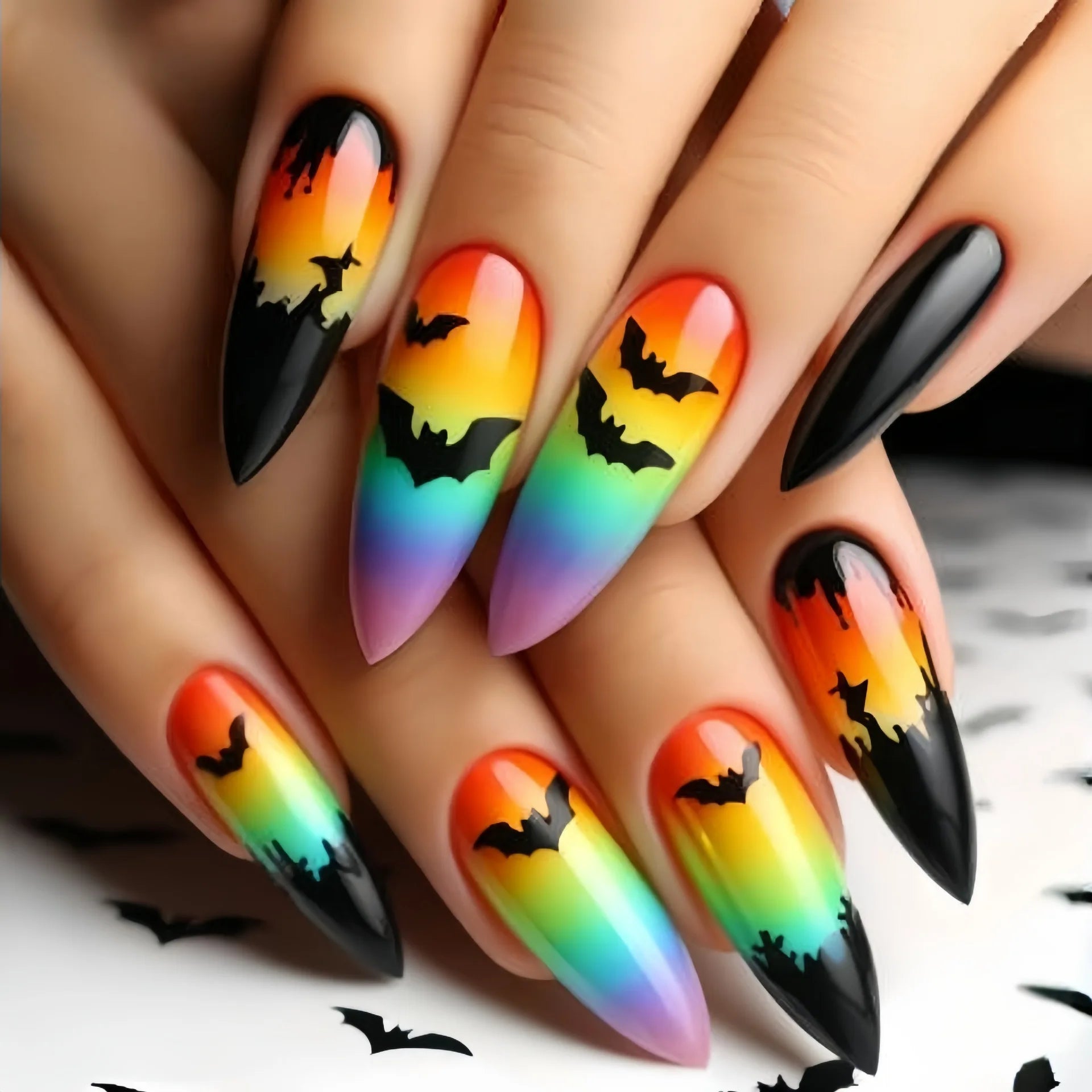 24pcs/set Short Medium fake nails for Halloween party Dead trees and crows bat Night sky Square almond tips press on false nail