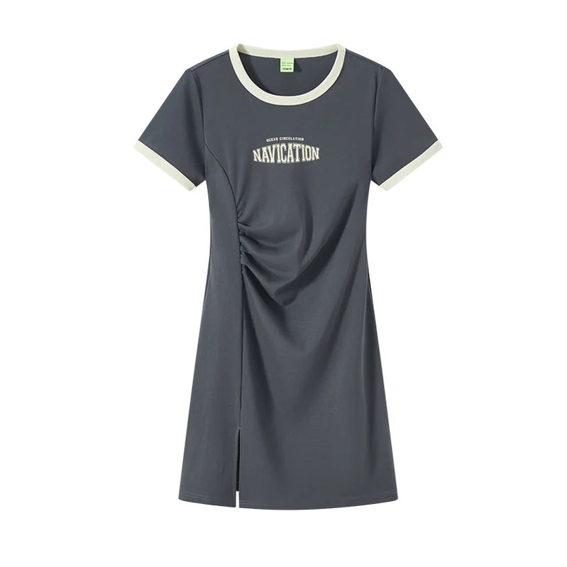 Semir Dress Women Slit to Show Long Legs and Slim Fit 2023 Summer New Contrasted Color Retro Letter Knitted Dress dark gray