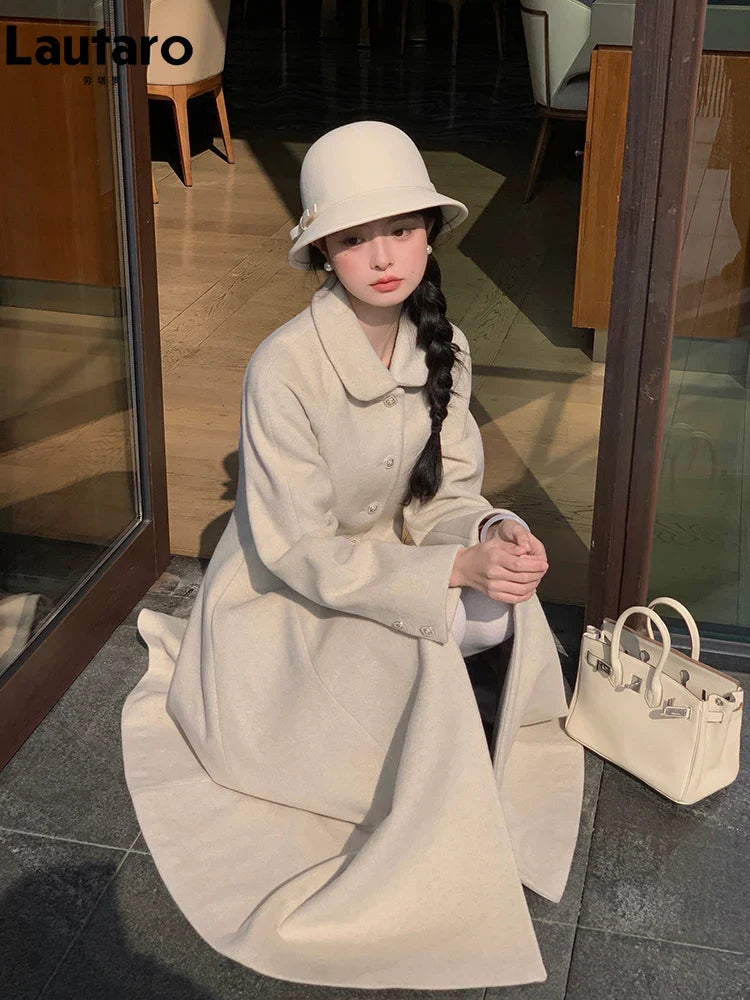 Winter Long Wool & blends Coat for Women Chic Luxury Elegant High Quality Womans Clothing Skirted Woolen Overcoat 2024