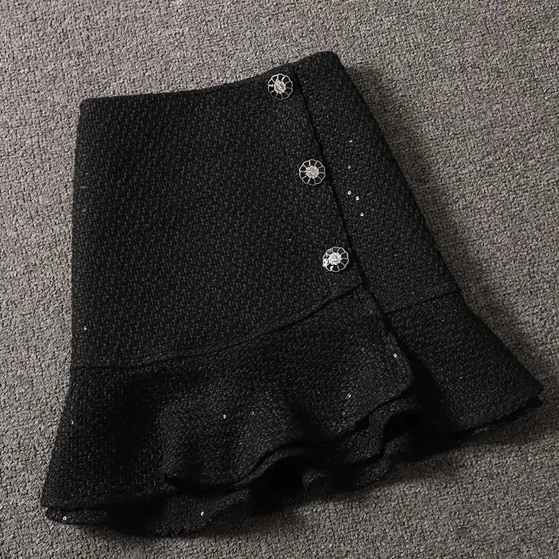 Sequin Tweed Skirt for women autumn winter korea style high waist slim ruffle skirt lady Woolen mermaid skirt black