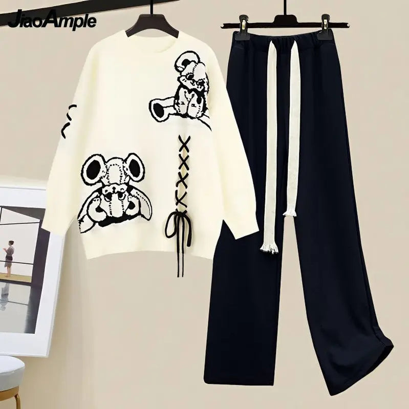 Autumn/Winter New in Matching Set Women's Loose O-Neck Knit Sweater Wide Leg Pants Two Piece Korean Elegant Tracksuit Suit