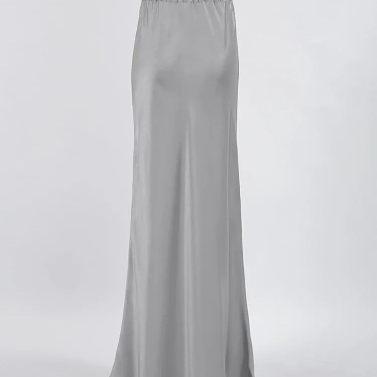 Mnealways18 Gray Drawstring Mermaid Satin Skirts Women Spring Summer Silky Ankle-Length Skirts Office Ladies Midi Skirts